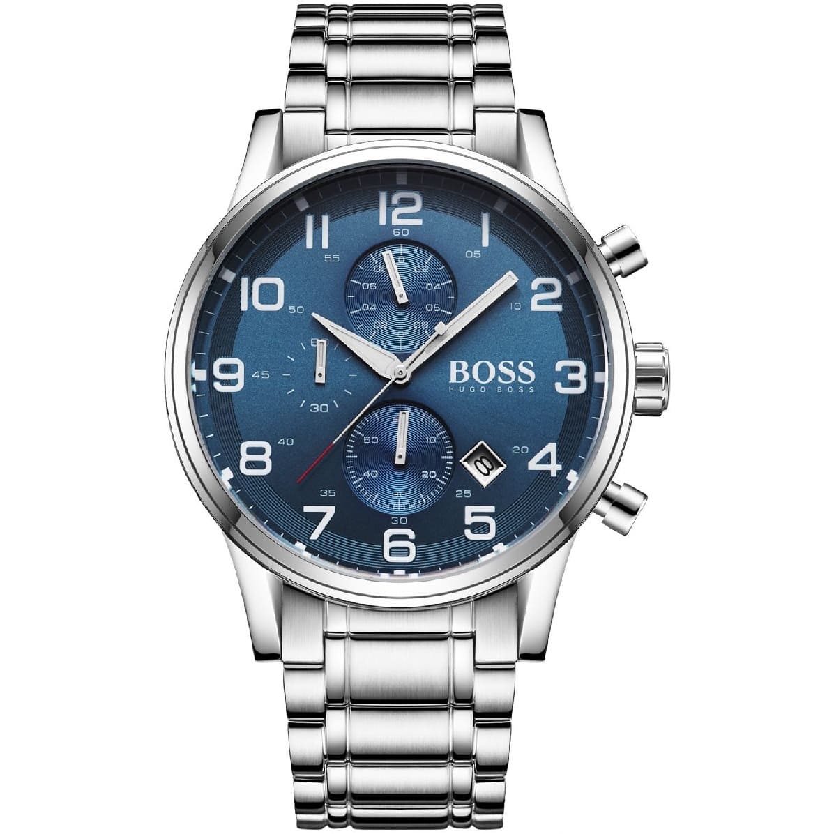 Silver watch with blue dial on a white background