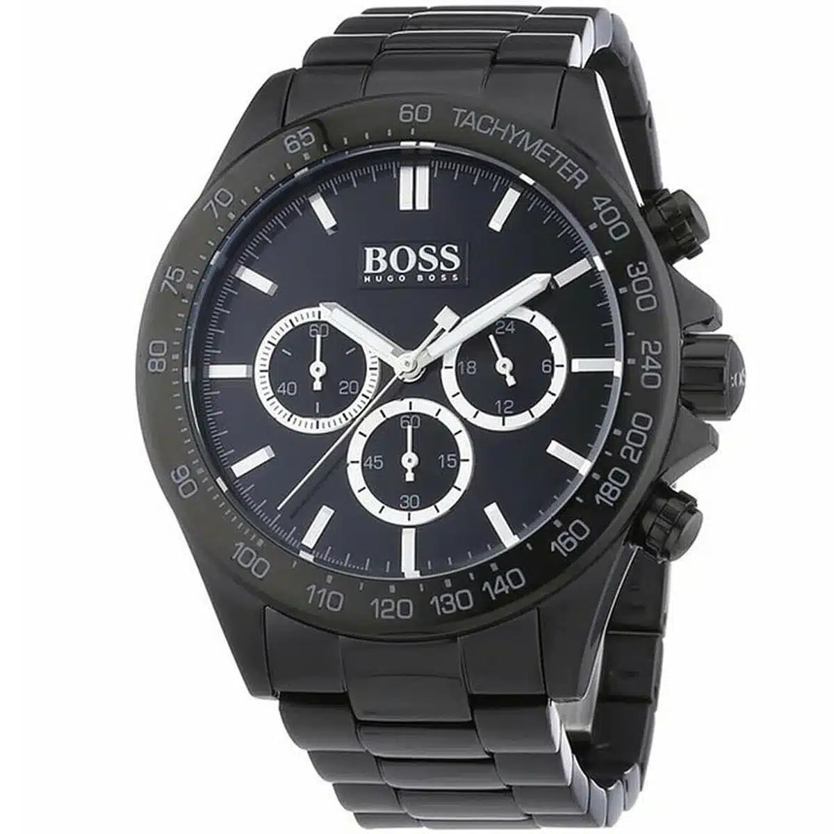 Hugo Boss chronograph watch at angle showing black dial and tachymeter bezel