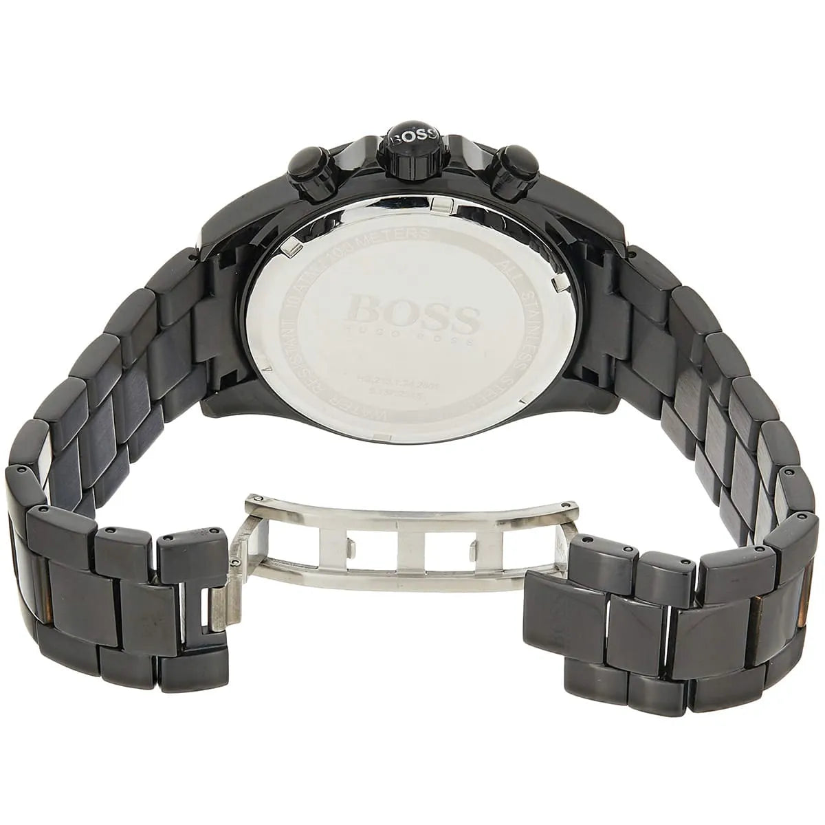 Hugo Boss chronograph watch caseback with engraved logo and stainless steel band