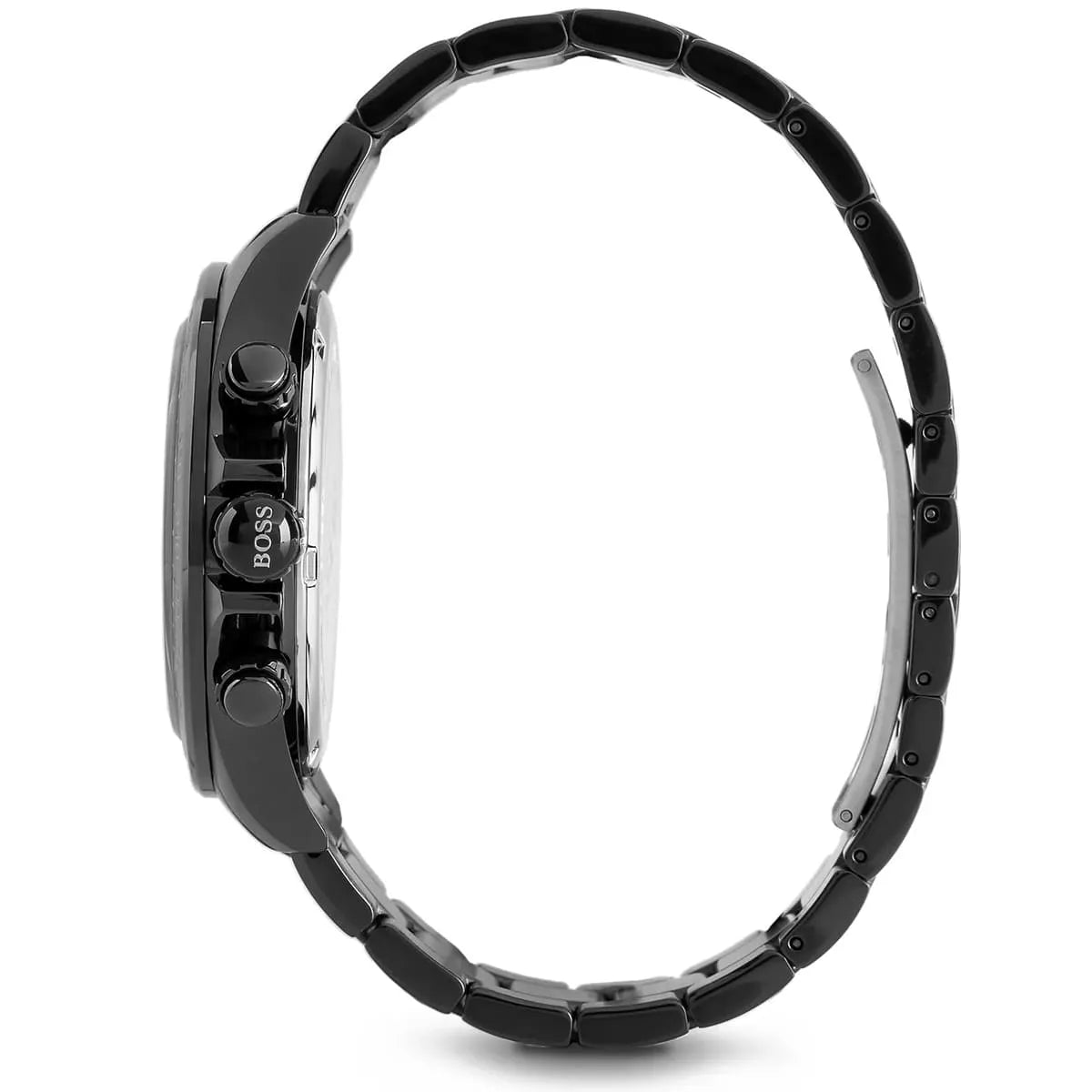 Hugo Boss chronograph watch side profile with pushers and stainless steel bracelet