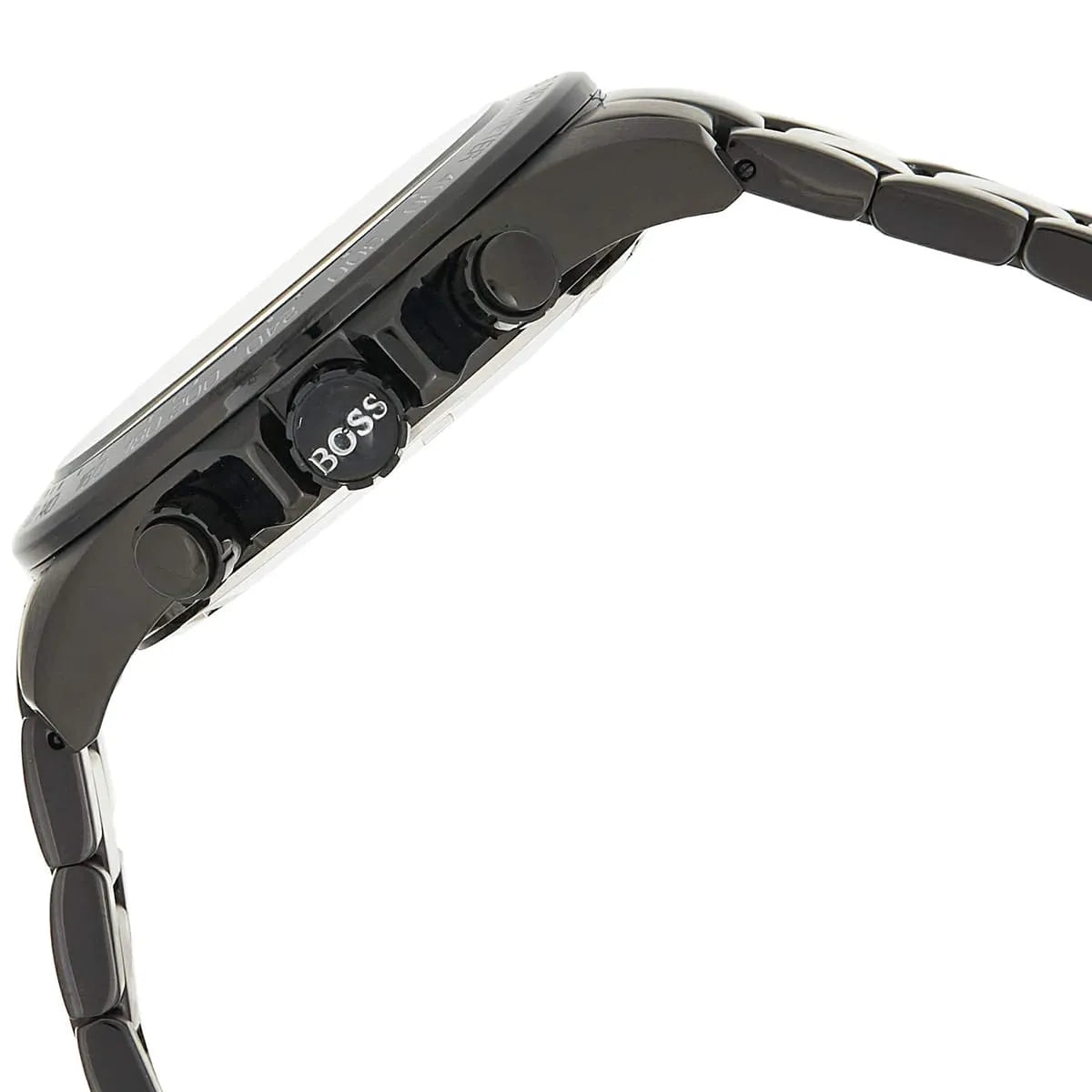 Hugo Boss chronograph watch angled side view showing pushers and metal band