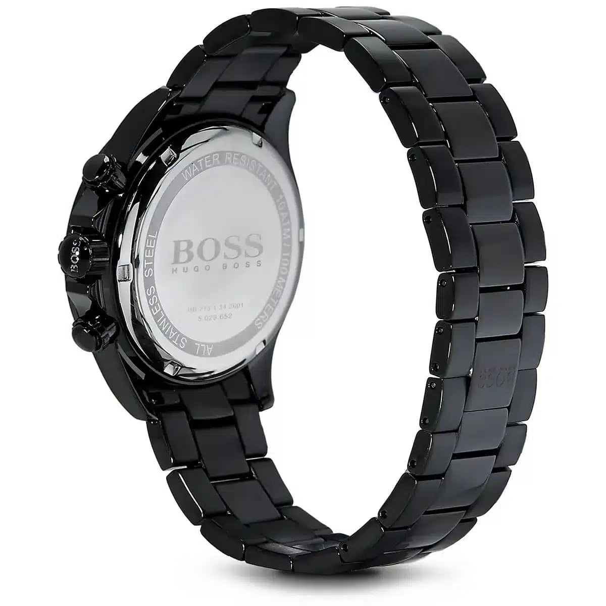 Hugo Boss chronograph watch side view showing case and stainless steel band