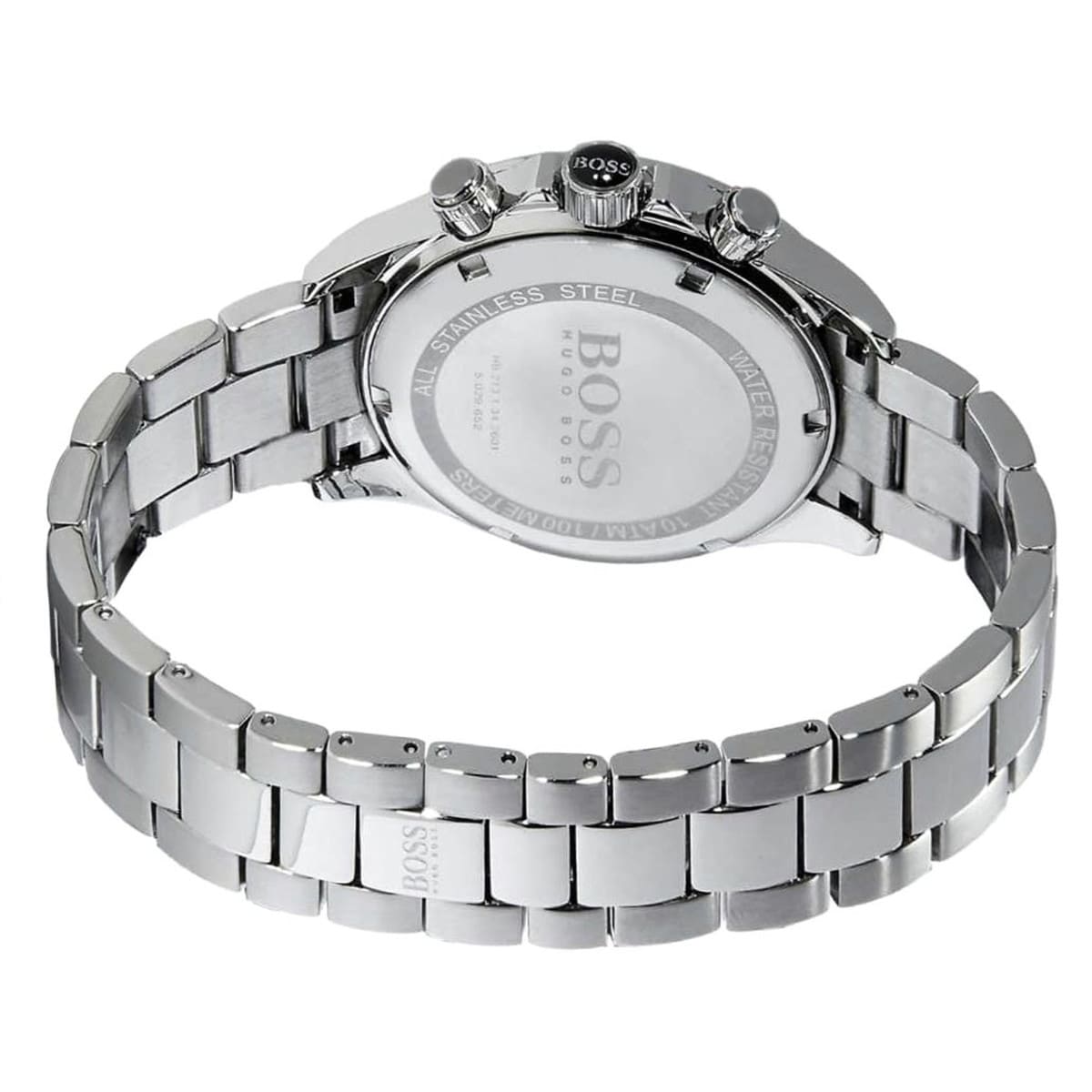 Hugo Boss Ikon watch caseback showing engraved BOSS logo and water resistance details