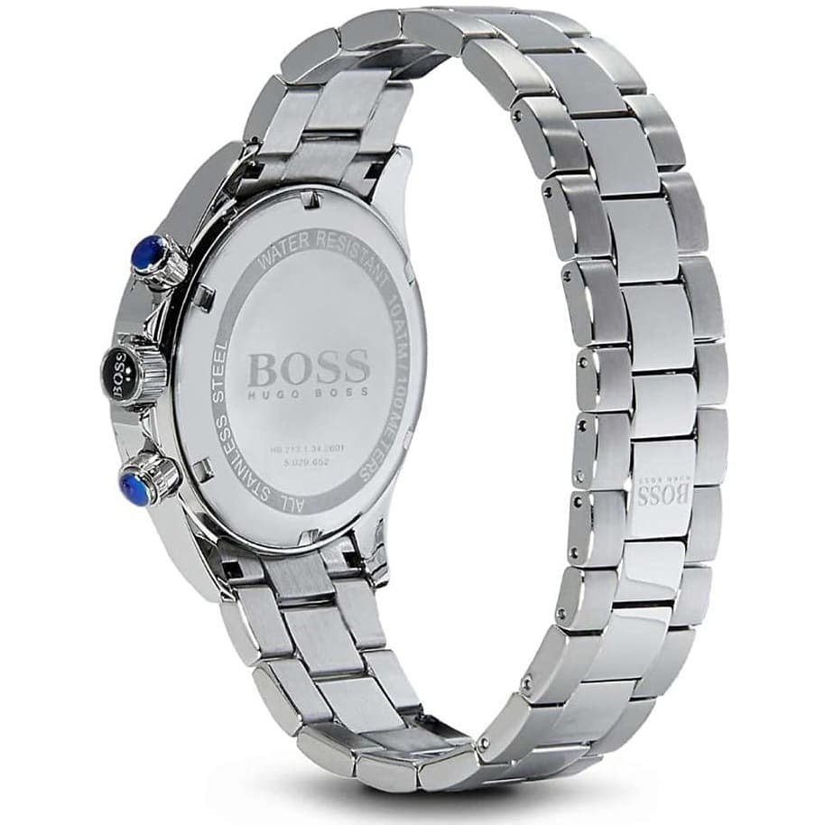 Hugo Boss Ikon watch side view showing steel bracelet and caseback with engraved logo