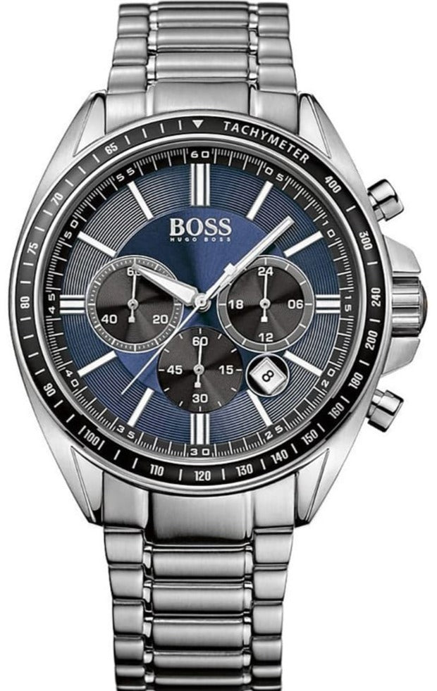 Hugo Boss blue dial chronograph watch with silver metal bracelet and tachymeter bezel