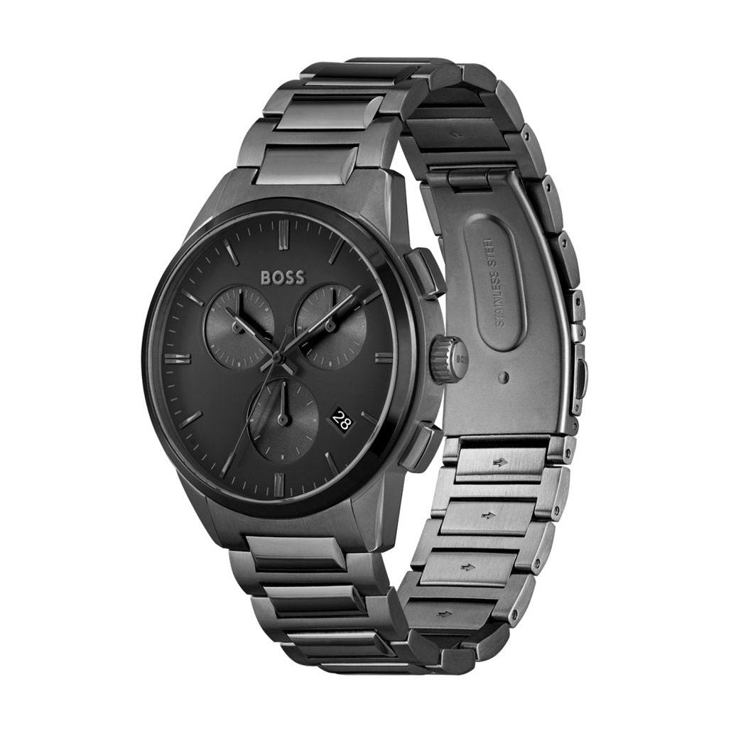 Hugo Boss Talent Chronograph watch shown from angled view displaying black dial and metal bracelet