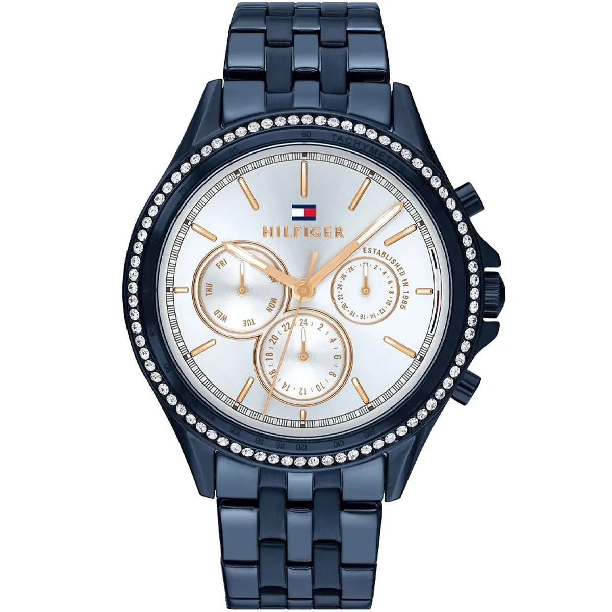 Tommy Hilfiger Ari women's watch with silver dial, blue metal bracelet, and crystal bezel