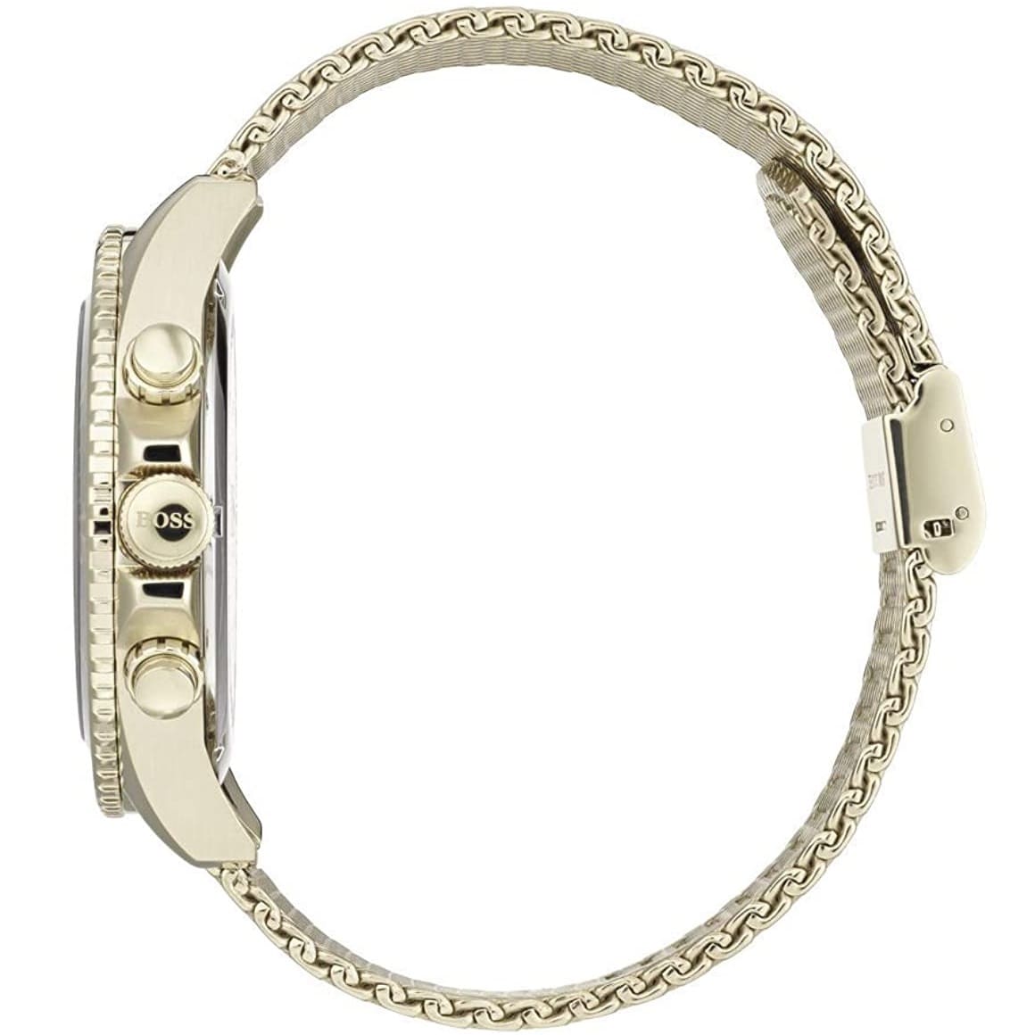 Gold watch with chain strap on a white background
