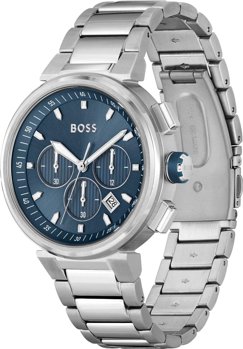 Silver watch with blue dial on a white background