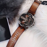 Diesel Big Daddy DZ7332 316L gunmetal stainless steel & genuine leather strap 30m water-resistant 4 Time zones