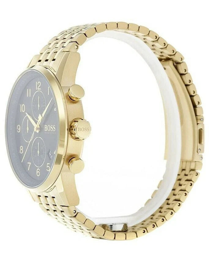 Hugo Boss Navigator Chronograph Black Dial Gold Steel Strap Watch - 1513531