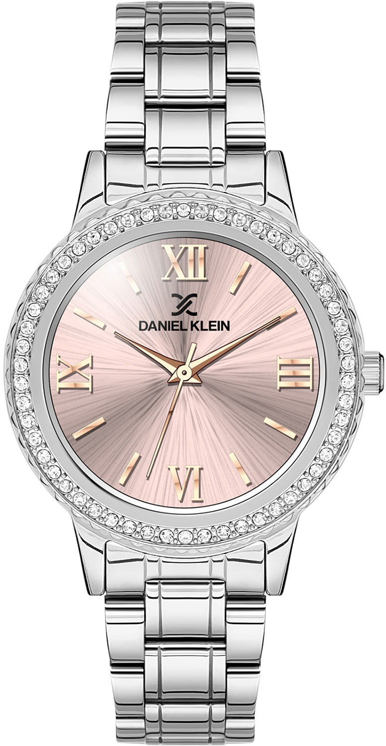 Daniel Klein Premium Pavé Pink Dial Silver Watch - DK.1.12922-6