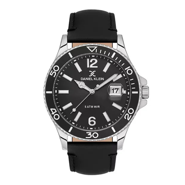 Daniel Klein Premium Date Window Black Dial and Genuine Leather Strap Silver Watch - DK.1.13905-1