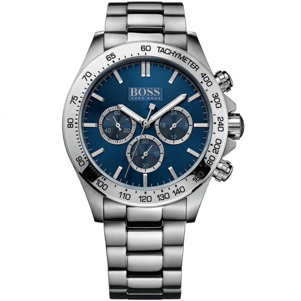 Hugo Boss men's stainless steel chronograph watch with a blue dial, featuring three subdials, silver-tone hour markers, and a tachymeter bezel.
