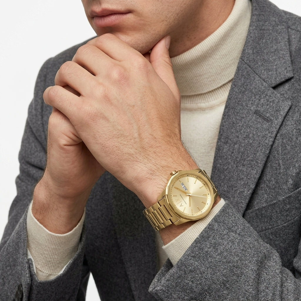A close-up of a man wearing a gold-tone metal link watch with a round dial, styled with a gray blazer and cream turtleneck sweater.
