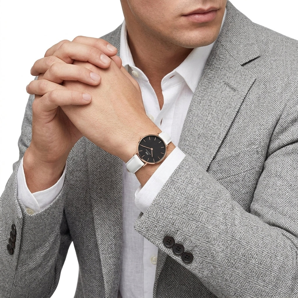 Daniel Wellington Petite 32mm Black Rose Gold Dial White Leather Strap DW00100283