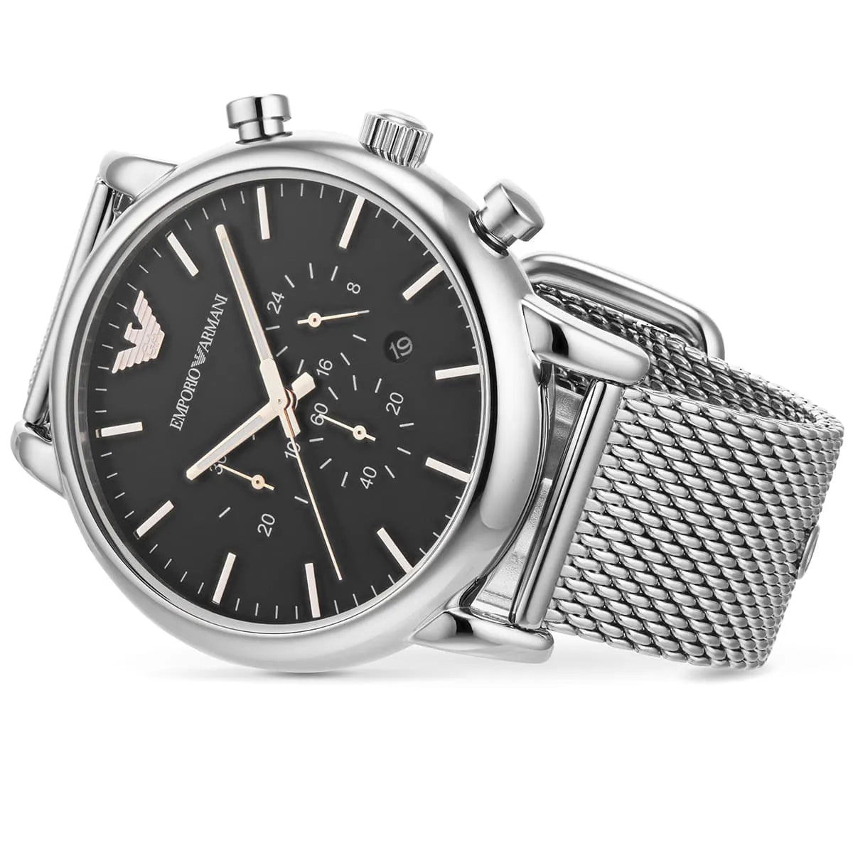 Emporio Armani Luigi Chronograph Black Dial Silver Mesh Men's Watch - AR11429