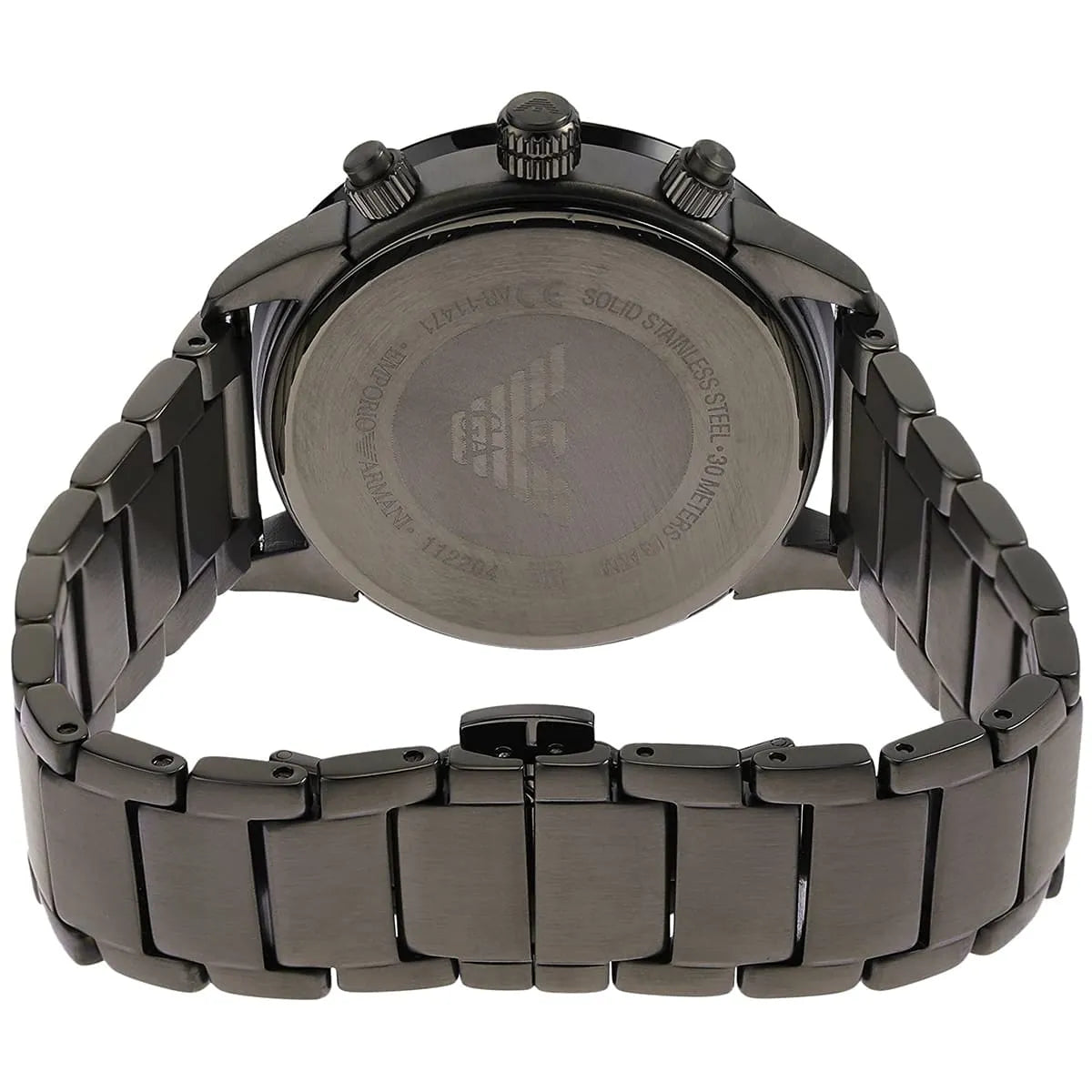Caseback view of Emporio Armani Mario chronograph with stainless steel bracelet visible