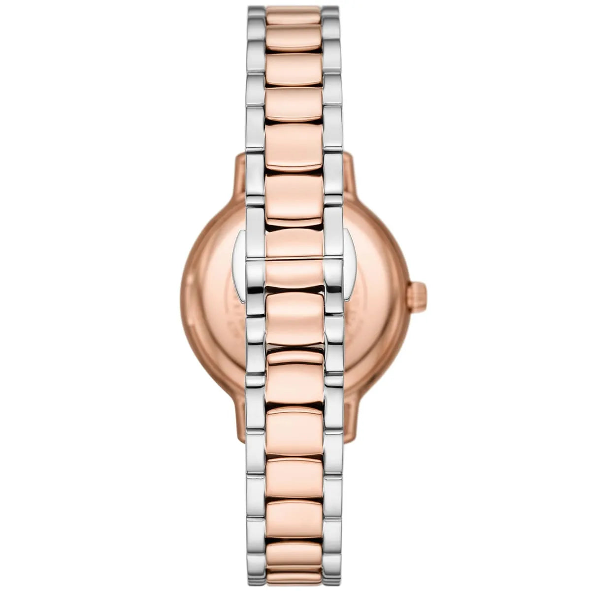Emporio Armani Cleo watch from side showing case profile and two-tone bracelet