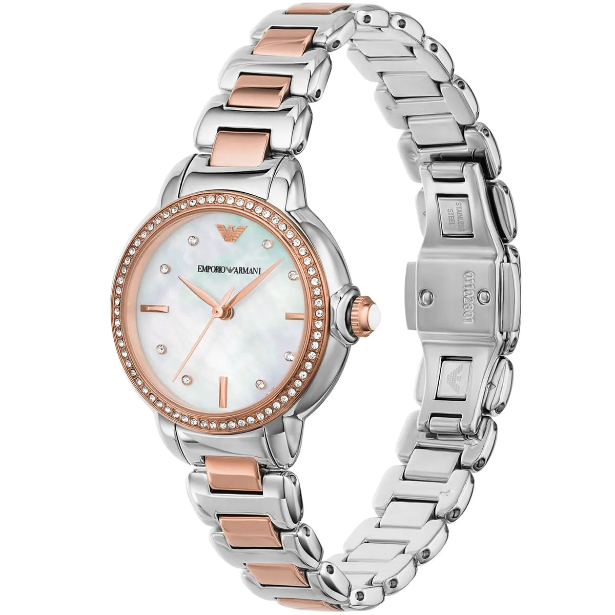 Emporio Armani Mia watch front and side angle with two-tone bracelet and crystal bezel