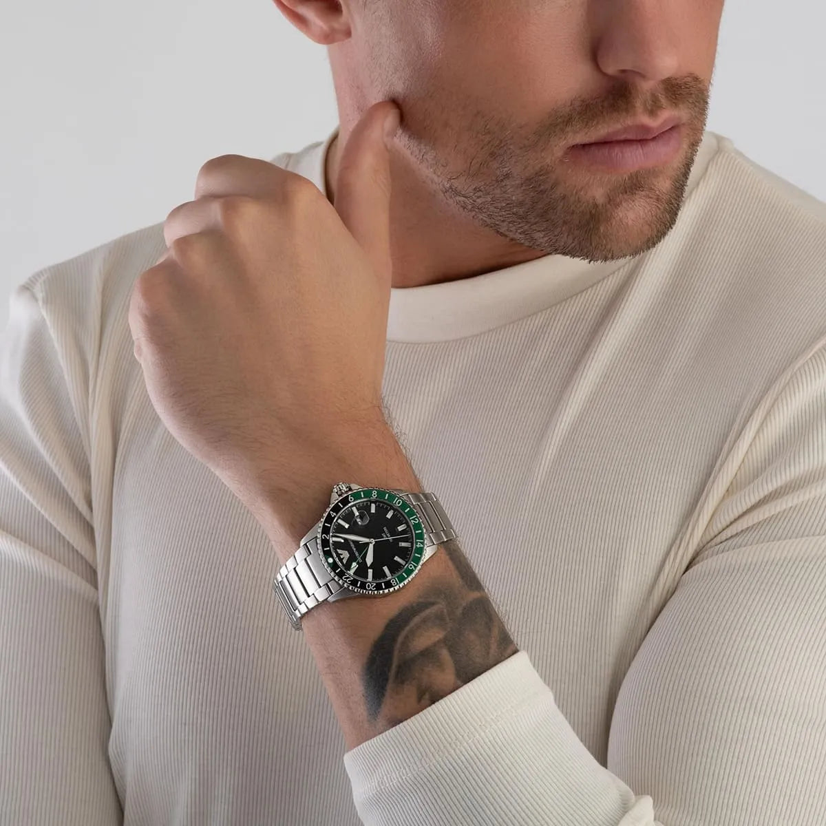 Emporio Armani Diver GMT Black Enamel Dial Silver Men's Watch - AR11589
