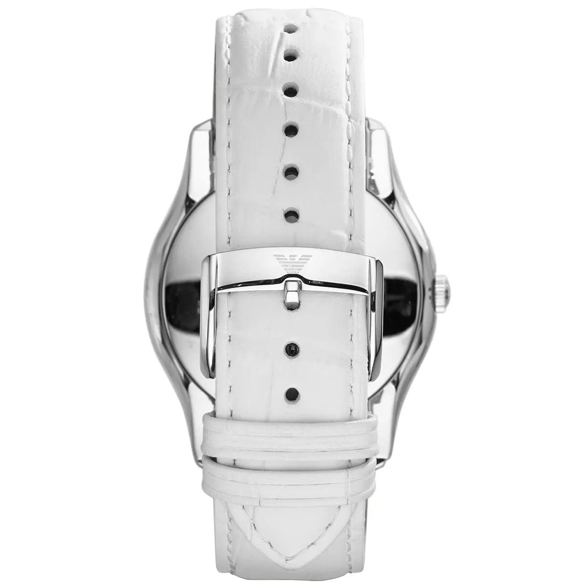 Back view of Emporio Armani AR1751 watch displaying case back and white leather strap with stitching