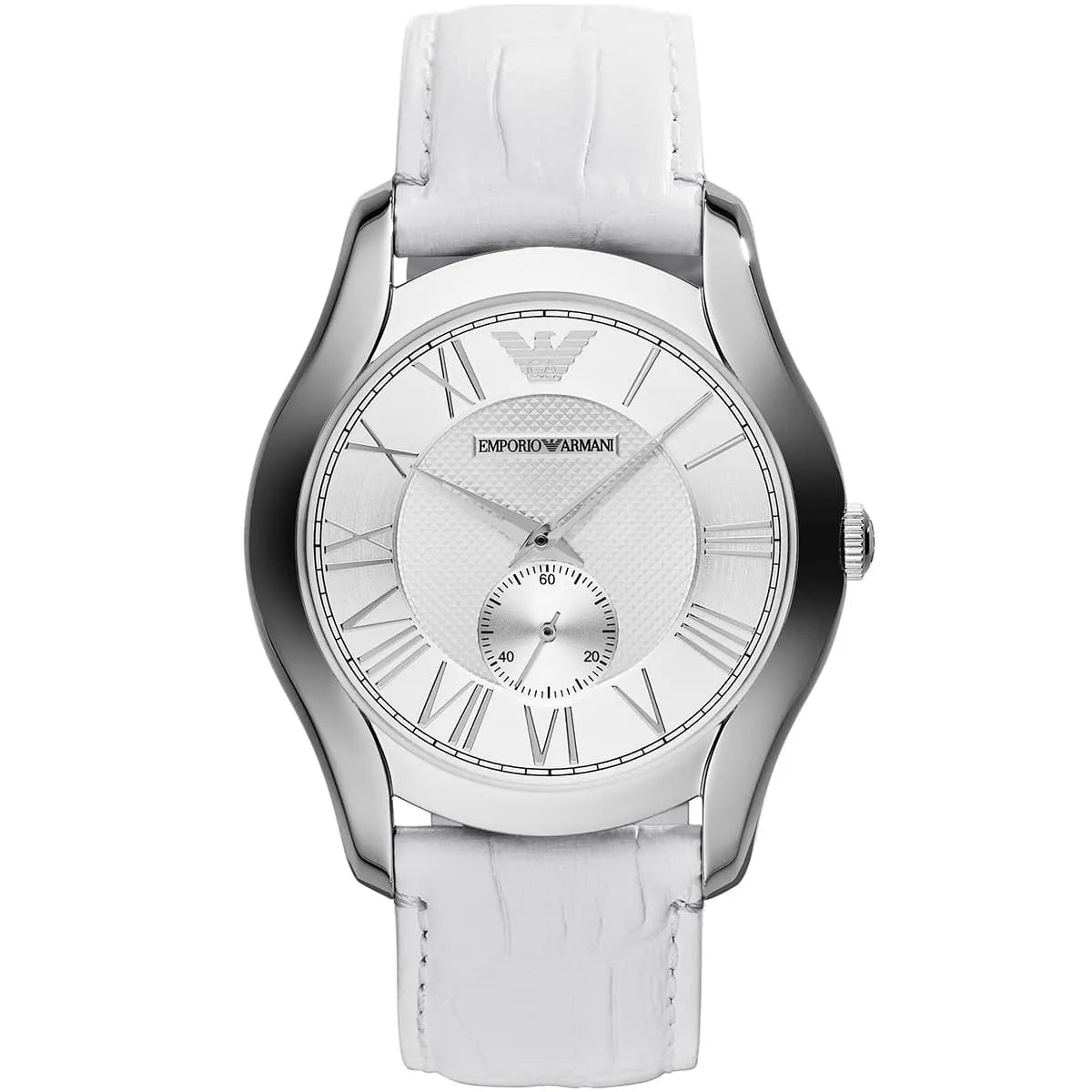Emporio Armani AR1751 men's watch with white dial, Roman numerals, stainless steel case, and white leather strap