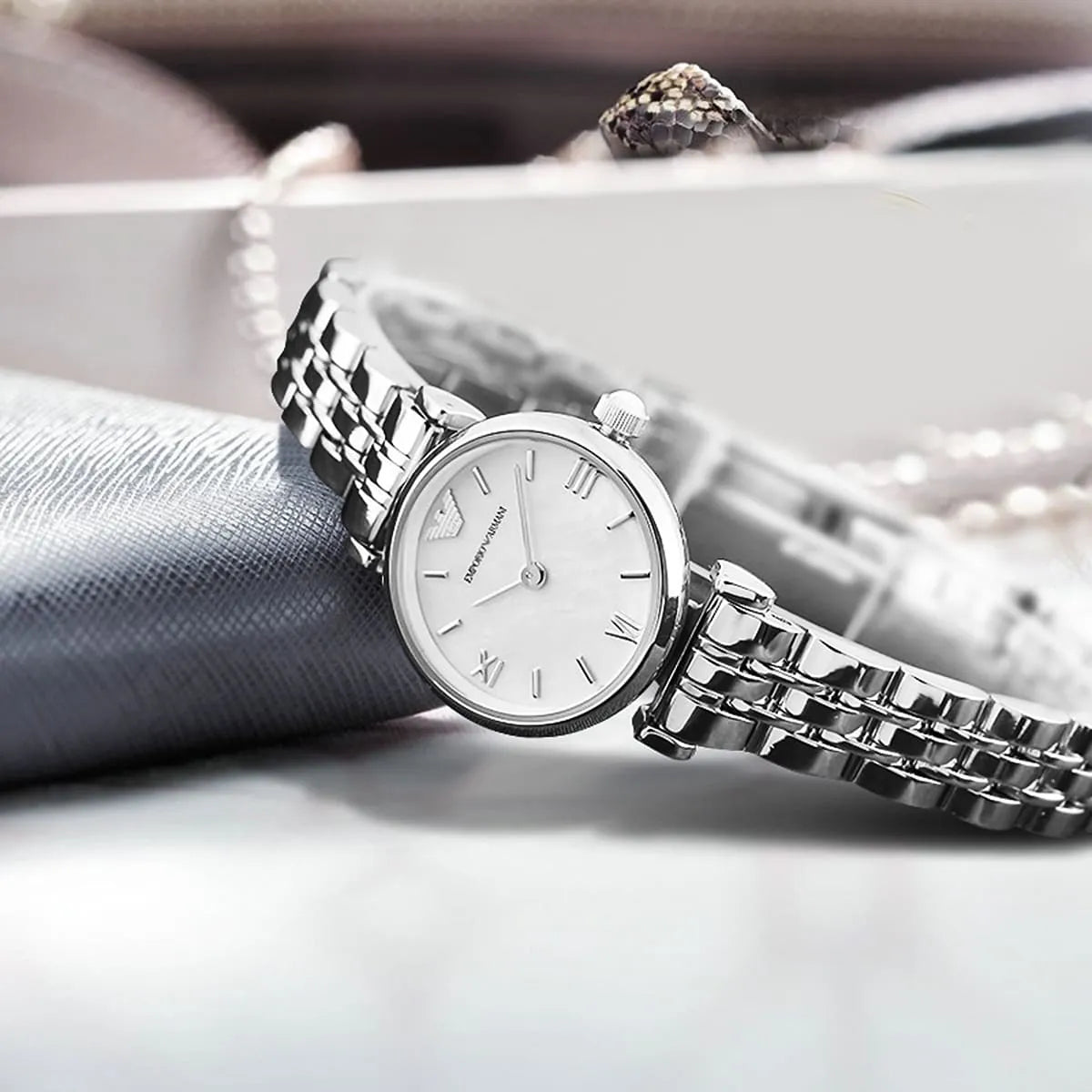 Emporio Armani Gianni T-Bar Mini White MOP Dial Silver Women's Watch - AR1763