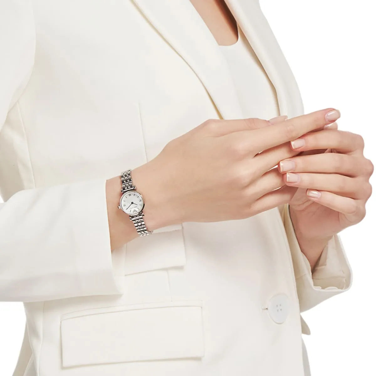 Emporio Armani Gianni T-Bar Mini White MOP Dial Silver Women's Watch - AR1763