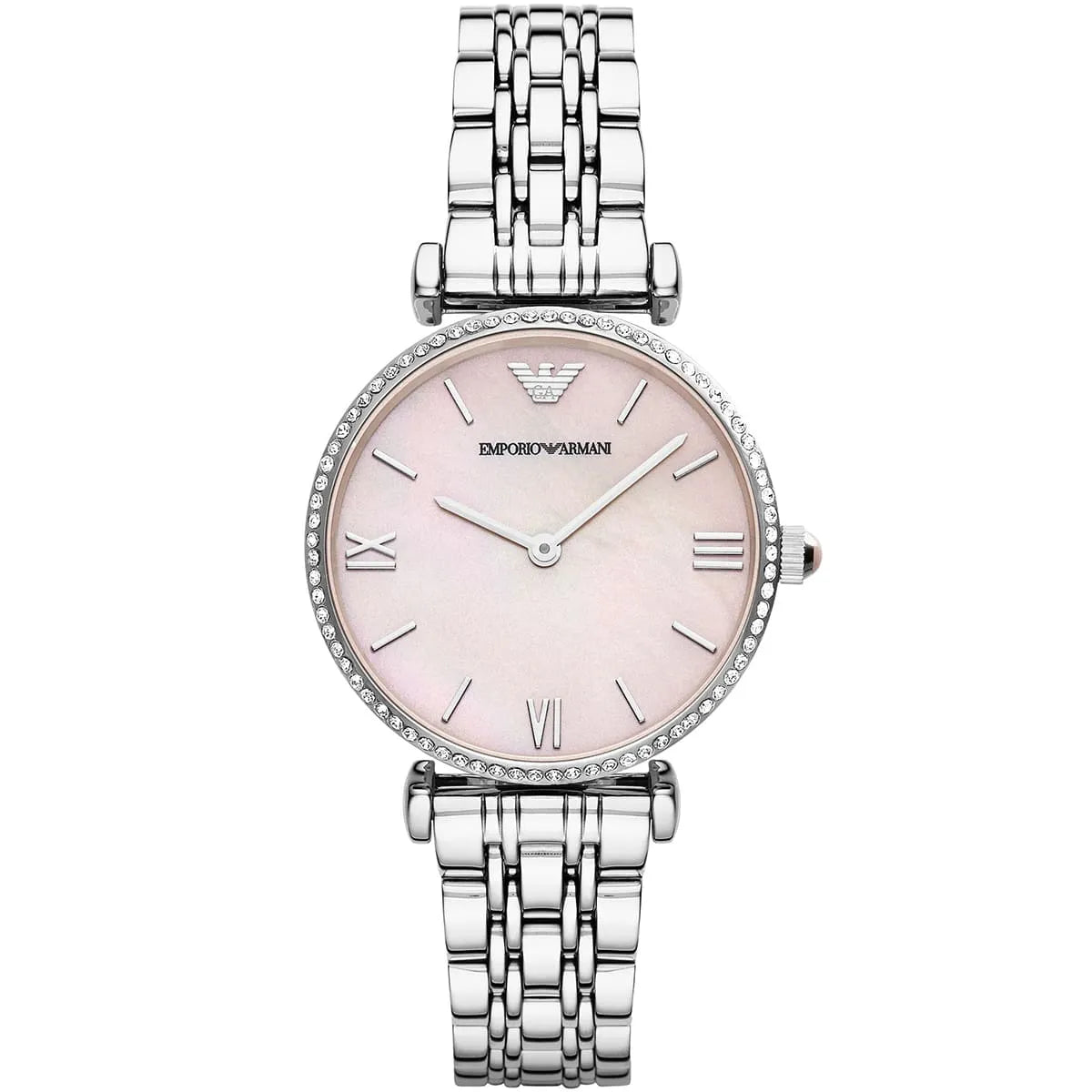 Emporio Armani Gianni T-Bar women's watch with pink dial, Roman numerals, and silver metal strap