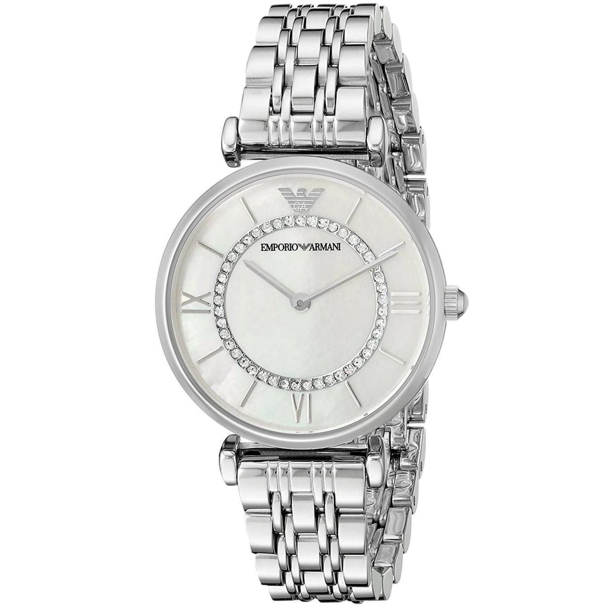 Emporio Armani AR1908 watch side angle view showing white dial with crystal bezel and metal bracelet