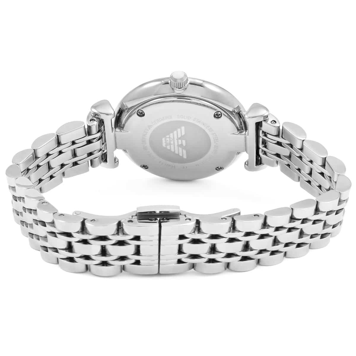 Emporio Armani AR1908 women's watch rear view showing bracelet clasp and caseback with logo