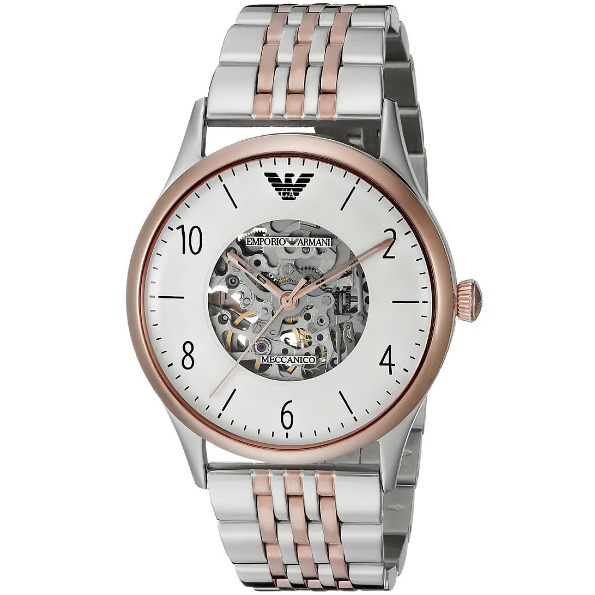 Emporio Armani Meccanico AR1921 three-quarter view showing skeleton dial and two-tone metal strap
