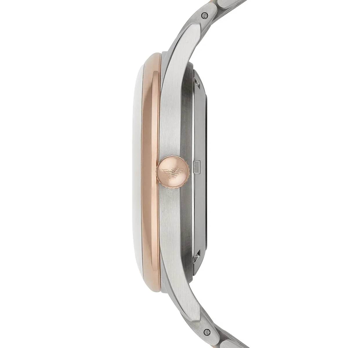 Emporio Armani Meccanico AR1921 side profile with rose gold case and white dial visible