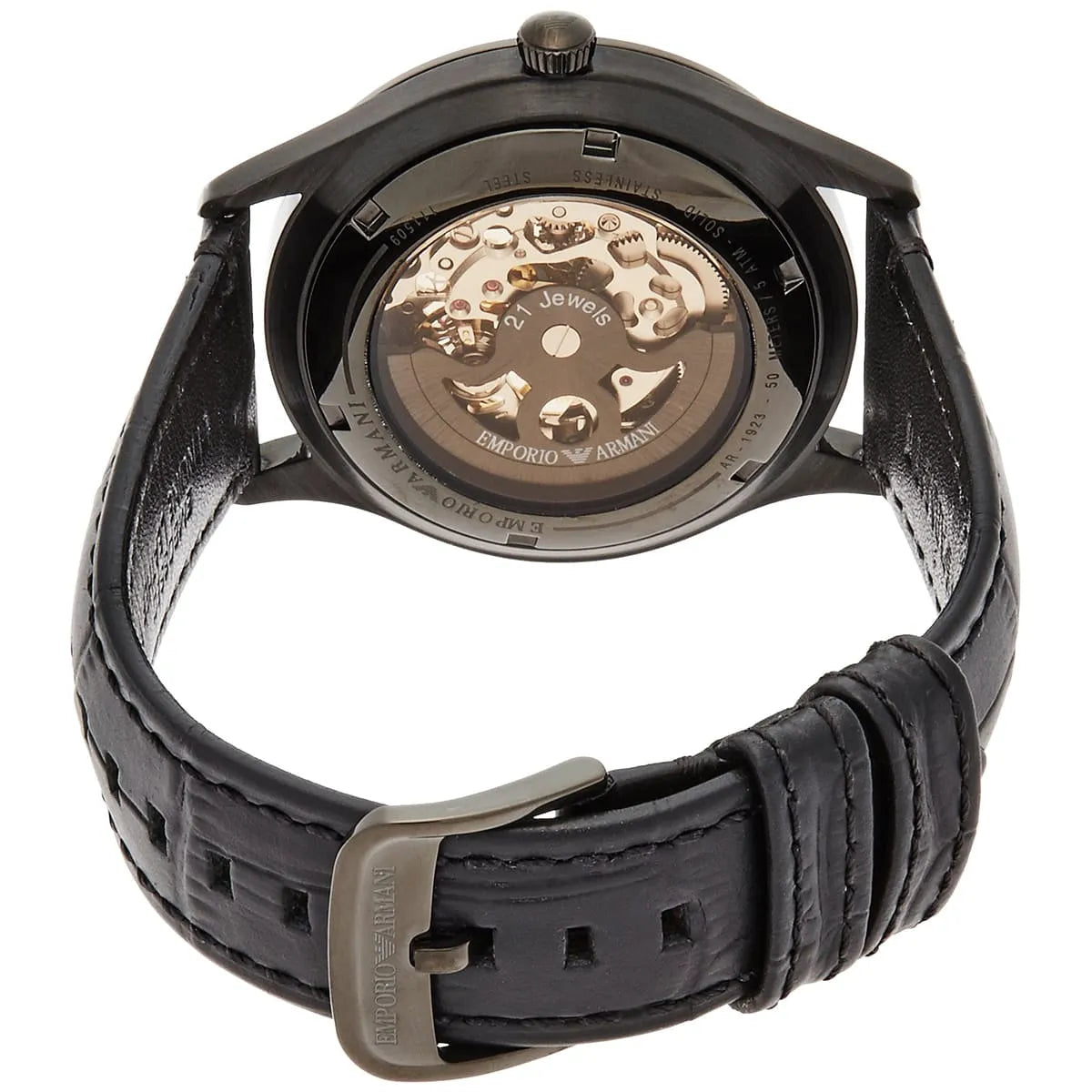 Emporio Armani AR1923 caseback detail with automatic movement architecture and crown visible