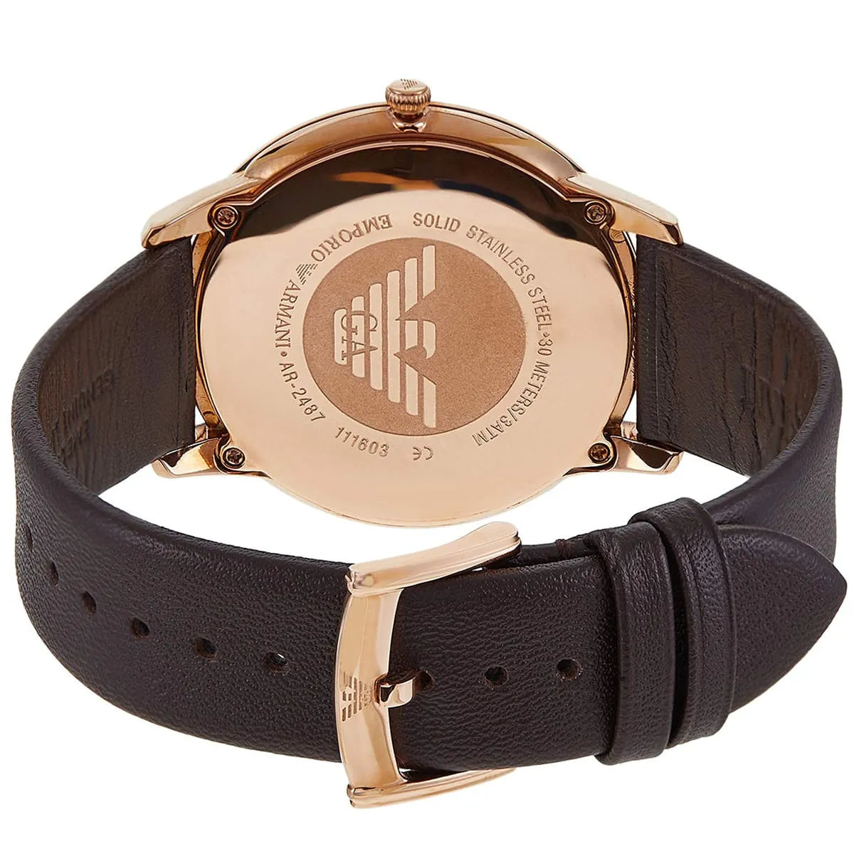 Emporio Armani AR2487 caseback with logo and specifications on rose gold case
