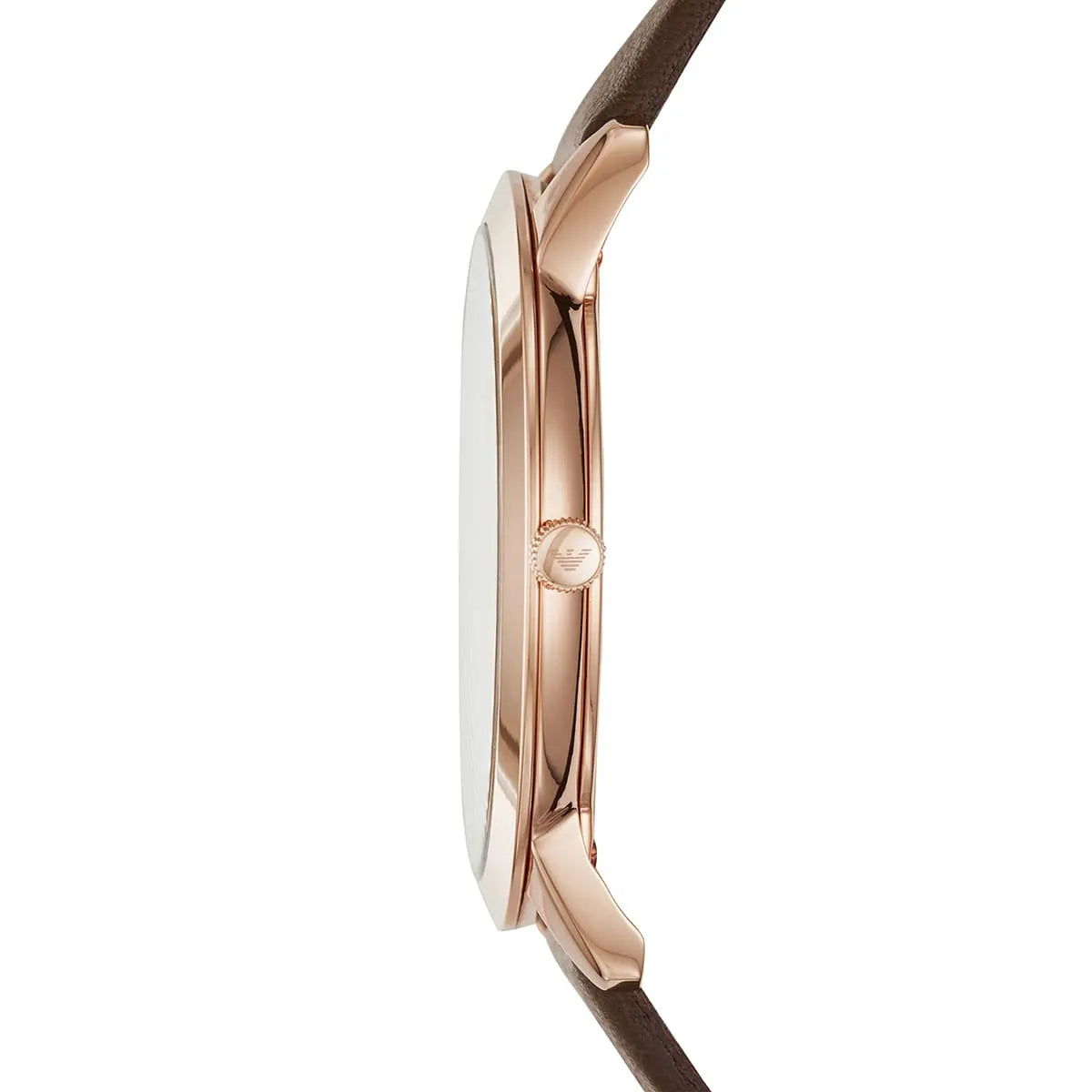 Emporio Armani AR2487 watch side profile with rose gold case and brown leather strap