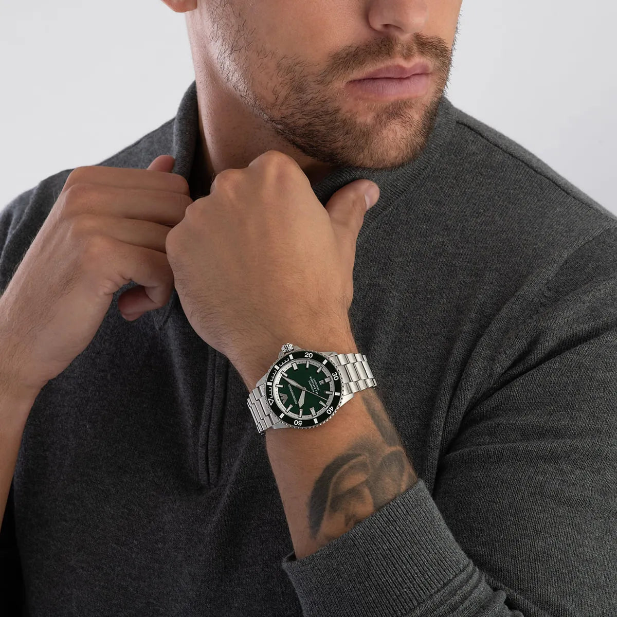 Emporio Armani Sea Explorer Automatic Green Dial Silver Men's Watch - AR60088