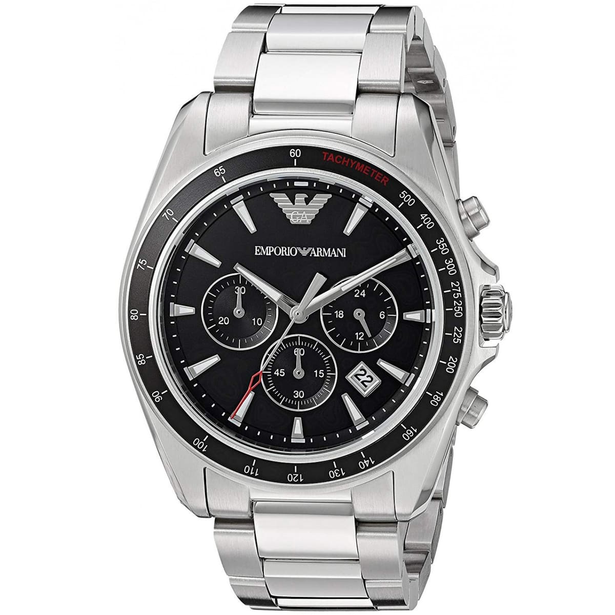 Emporio Armani Sigma chronograph watch angled view showing black dial and three subdials