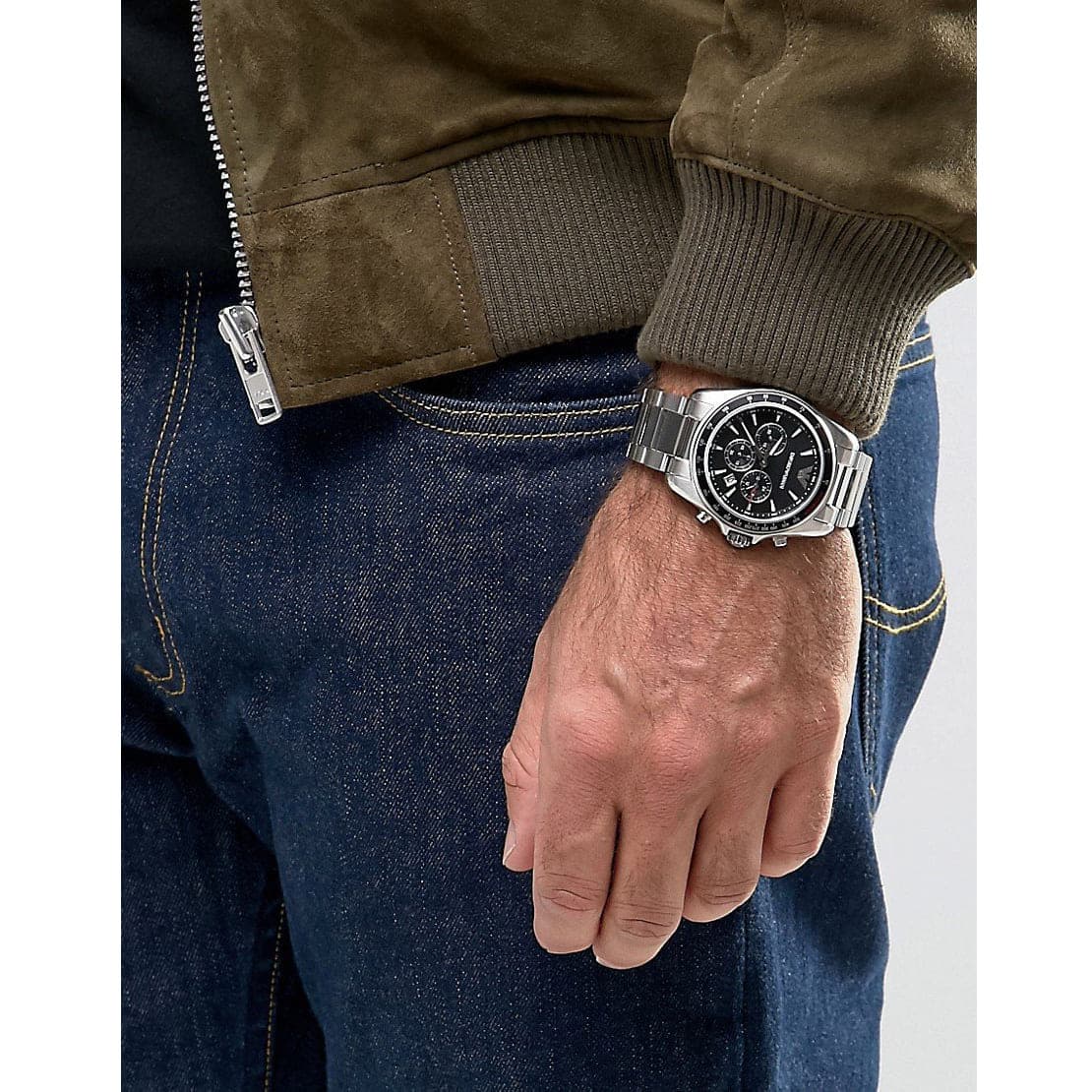 Emporio Armani Sigma chronograph watch worn on wrist with black dial and silver strap