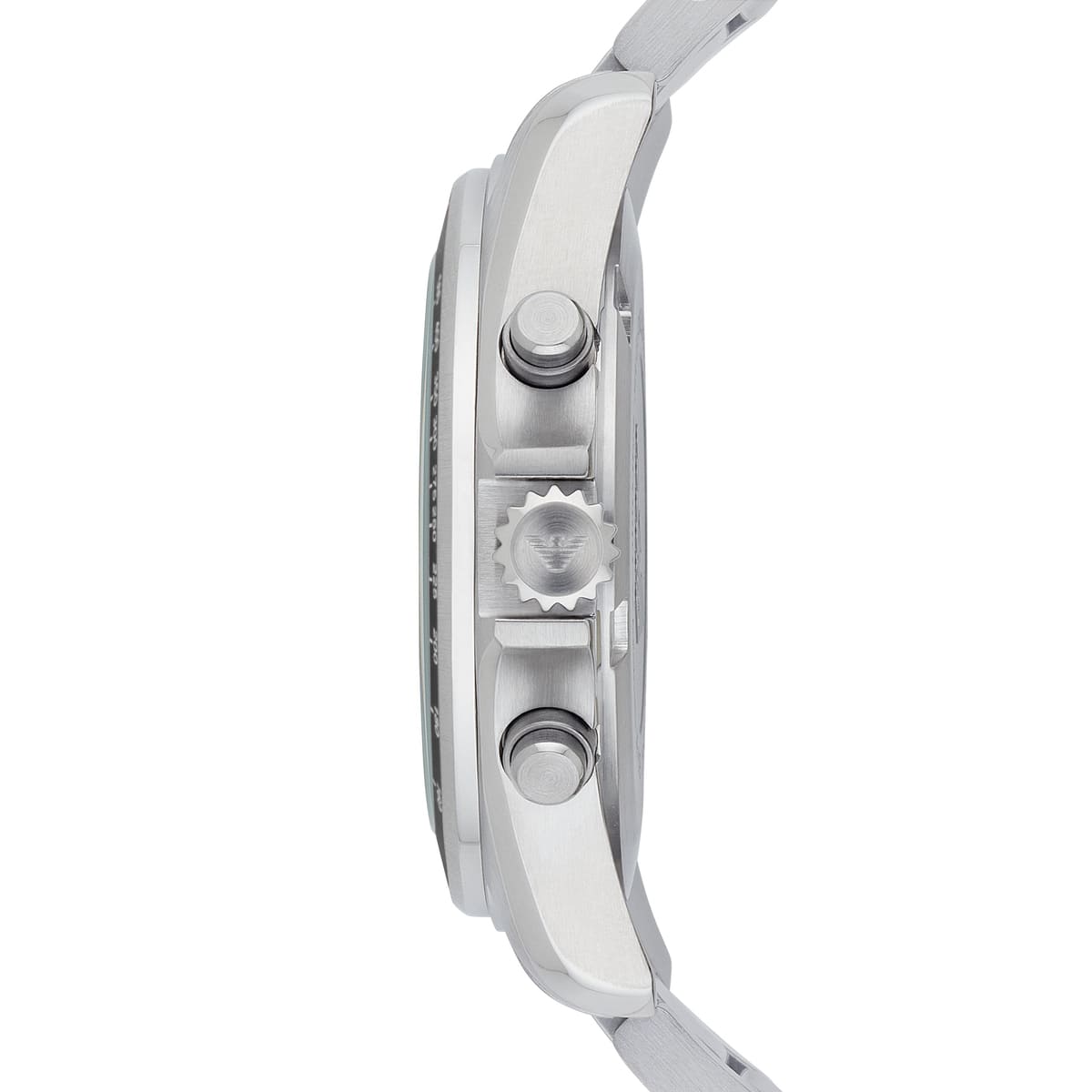 Emporio Armani Sigma watch side profile showing pusher buttons and stainless steel case