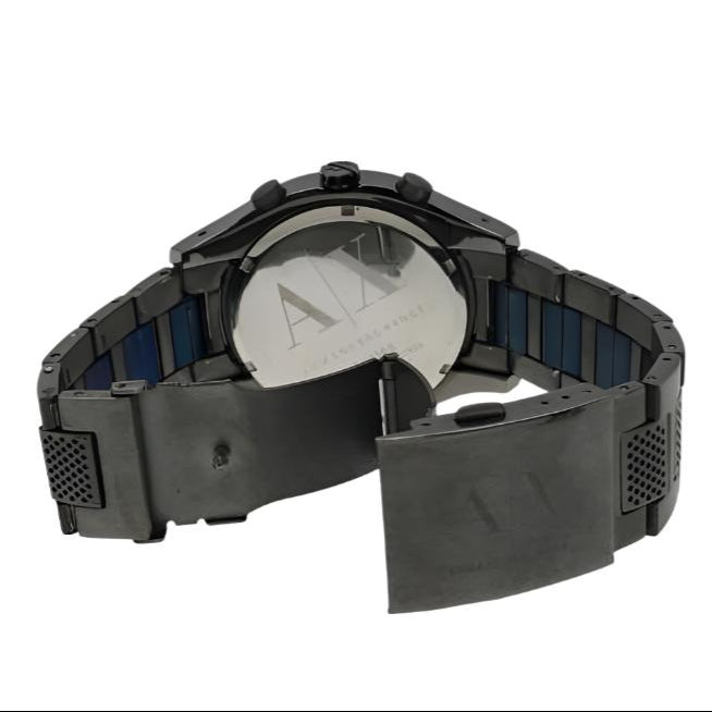 Armani Exchange AX1166 watch caseback showing grey steel bracelet and AX branding
