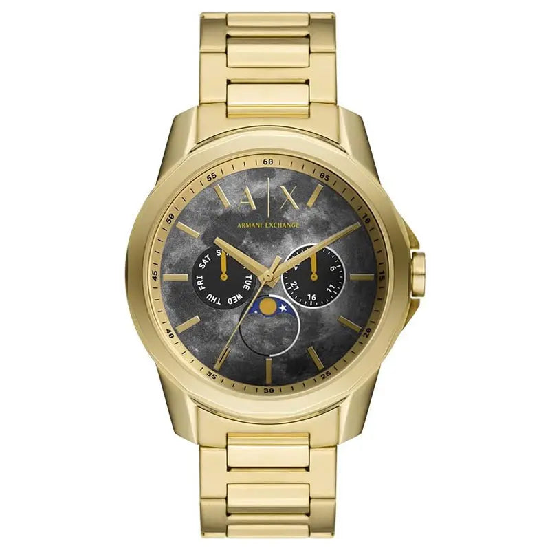 Armani Exchange AX1737 gold moonphase watch with dark dial and gold bracelet