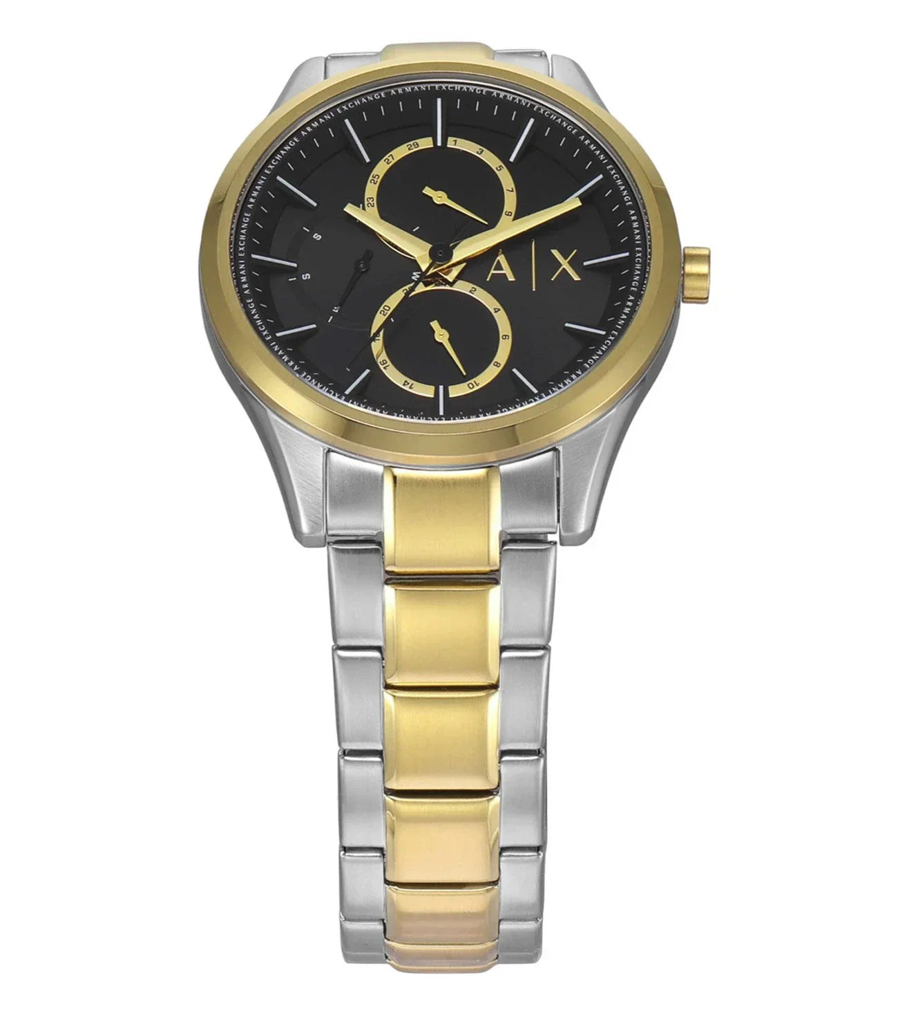 Front view of Armani Exchange Dante AX1865 watch with gold bezel and subdials on black dial