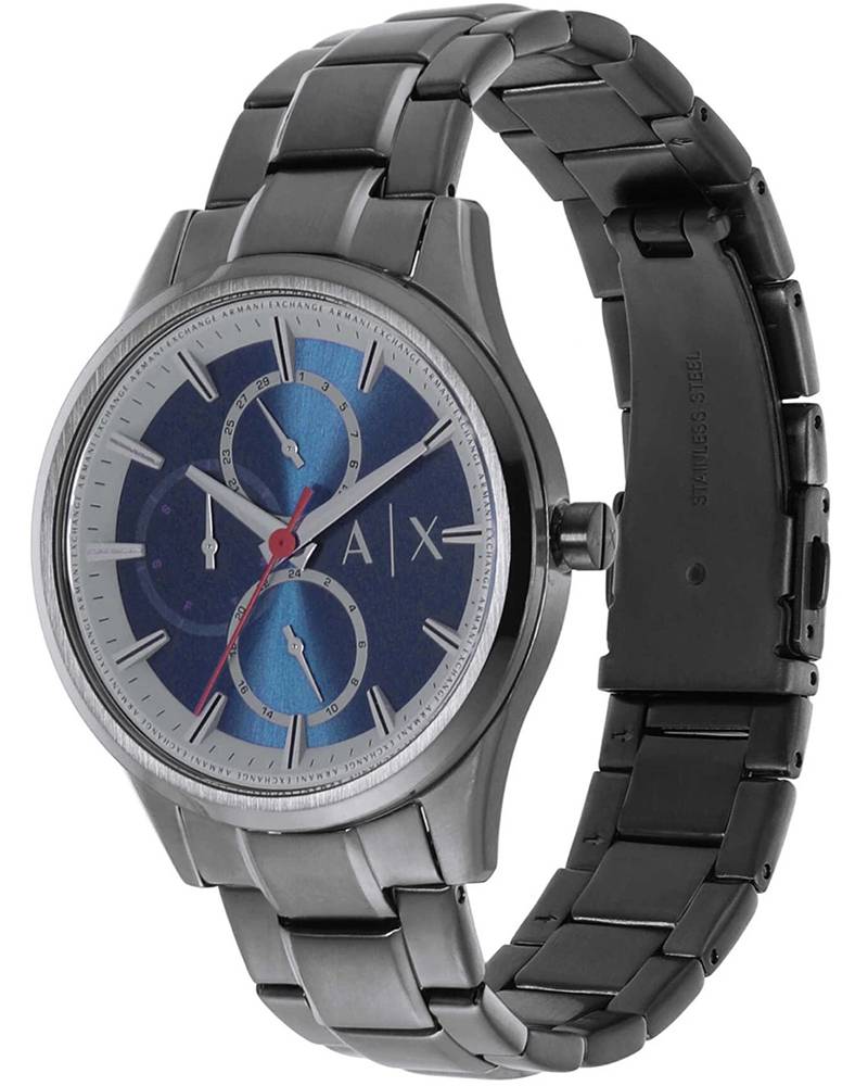 Armani Exchange Dante AX1871 watch angled view showing blue dial and gunmetal bracelet