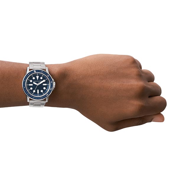 Armani Exchange Leonardo AX1861 watch worn on wrist showing navy dial and silver bracelet
