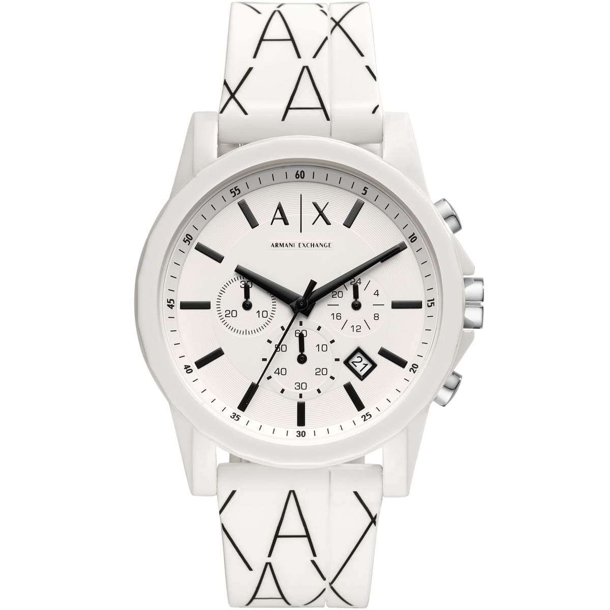 Armani Exchange AX1340 white chronograph watch with white dial and multicolored rubber strap