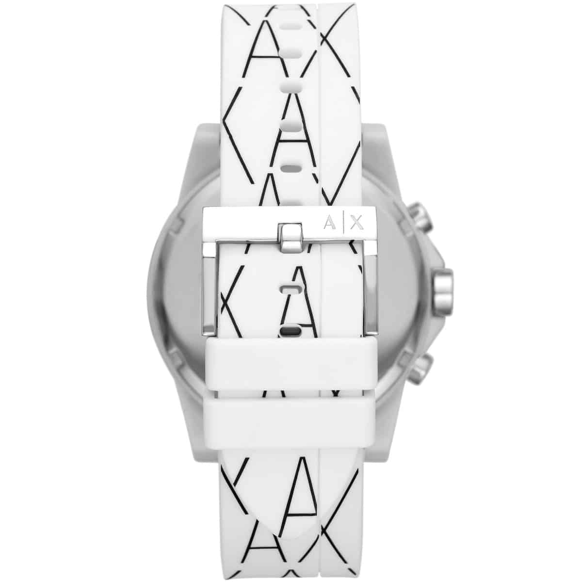 Armani Exchange AX1340 white chronograph watch on wrist with patterned rubber strap