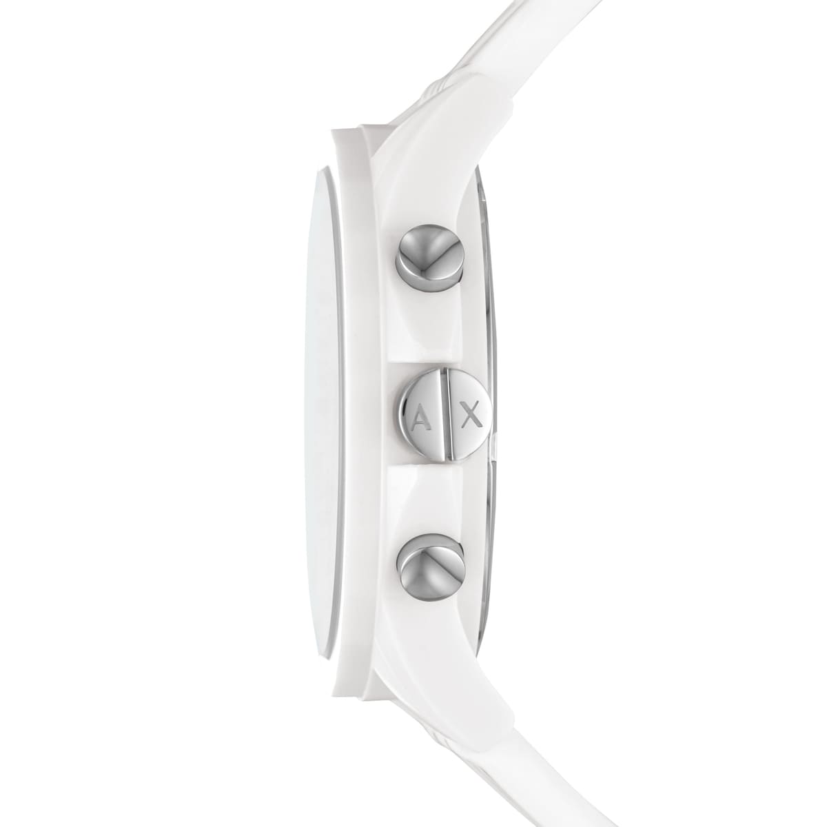 Side view of AX1340 white chronograph watch showing case profile and pushers