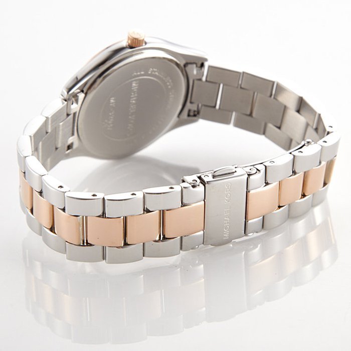 Michael Kors MK3204 Women's Slim Runway Two Tone Rose Gold Tone Stainless Steel Brown Dial Analog Watch